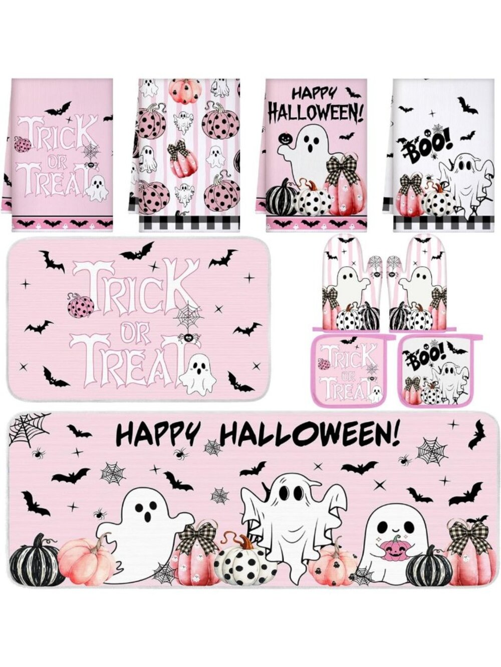 10 Pcs Halloween Kitchen Decor Set - Pink Ghost Rugs for Festive Home Decor